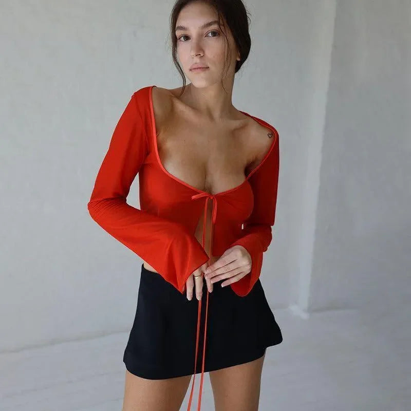 Morning Glory Red Long Sleeve Crop Top