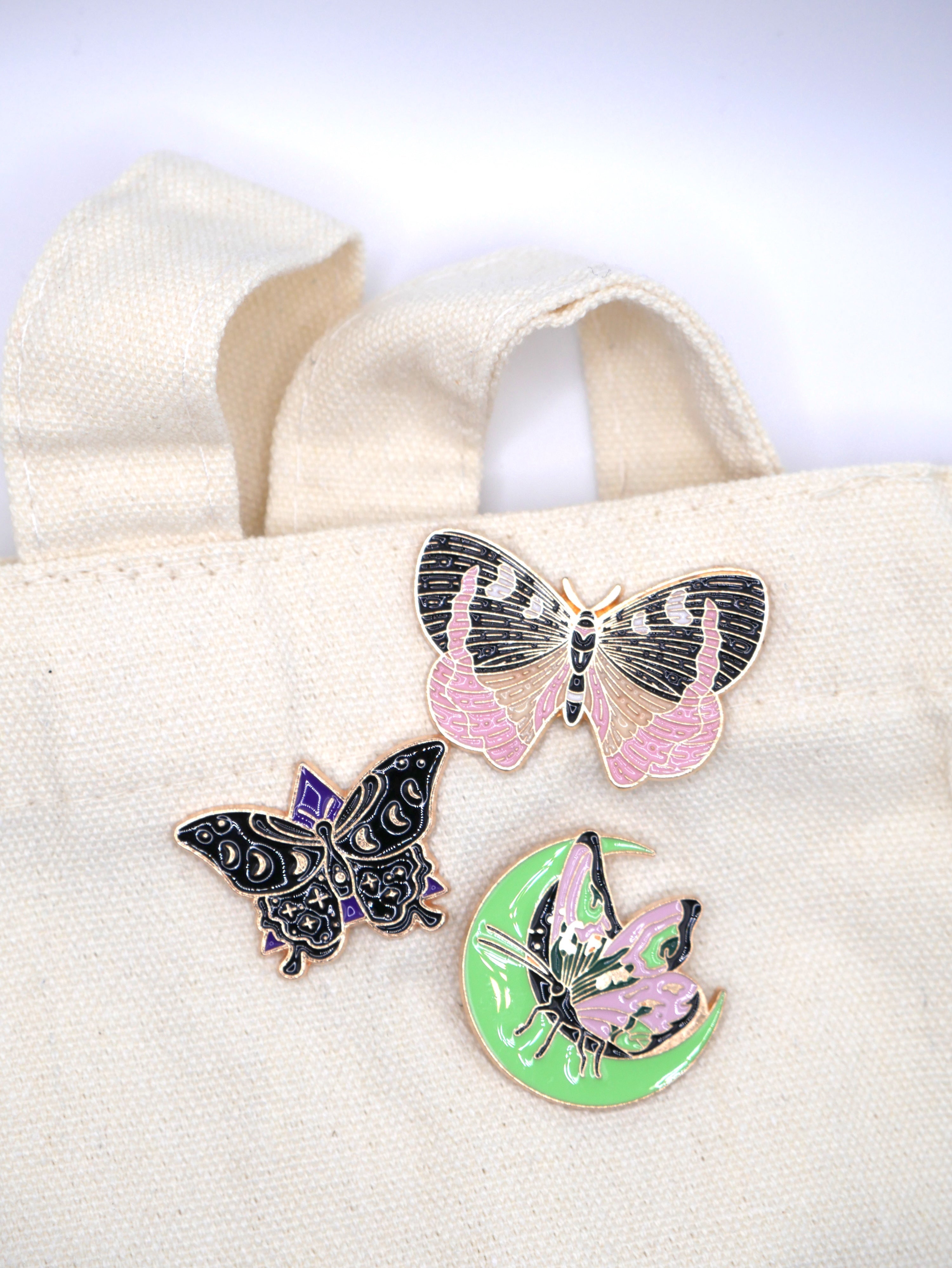 Fun, Beautiful Moth and Butterfly Metal Enamel Pins (Set of 3)