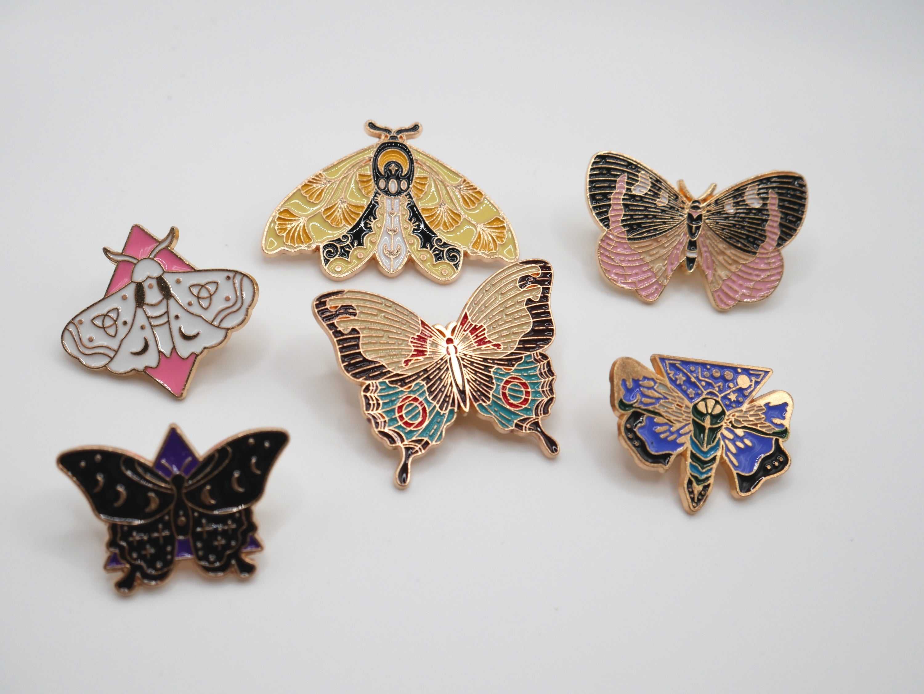 Fun, Beautiful Moth and Butterfly Metal Enamel Pins (Set of 3)