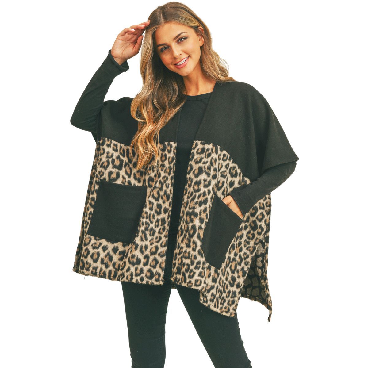 Women’s Taupe Leopard Print Kimono Pocket Stylish Layered Top
