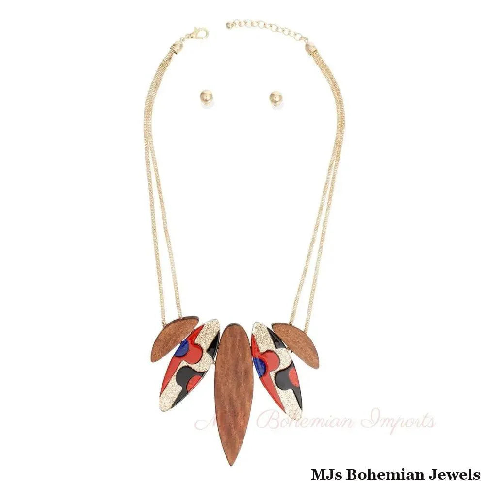 Necklace Wood Glitter Pendant Set for Women