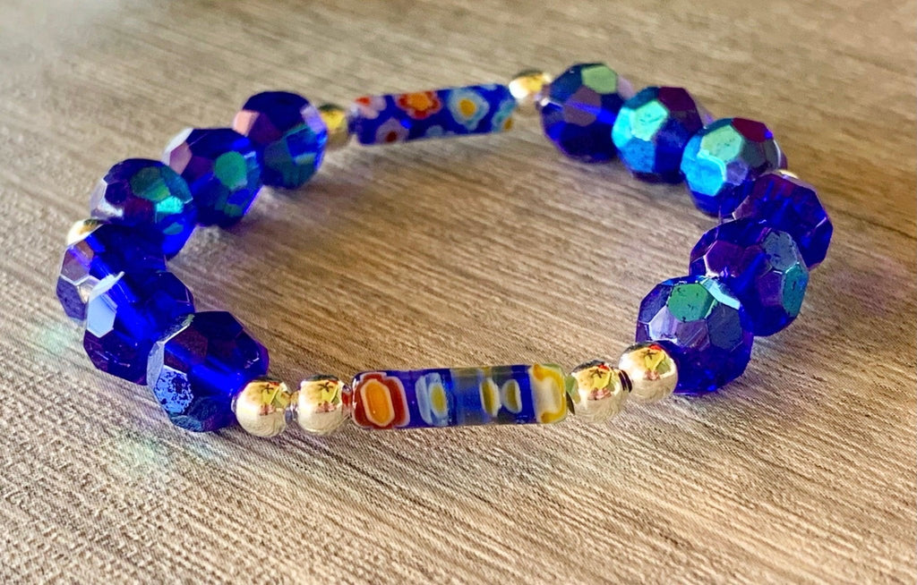 Nicole Handmade Acrylic and Millefiori Glass Beaded Expandable 6" Bracelet for Kids 4-8 Years Old