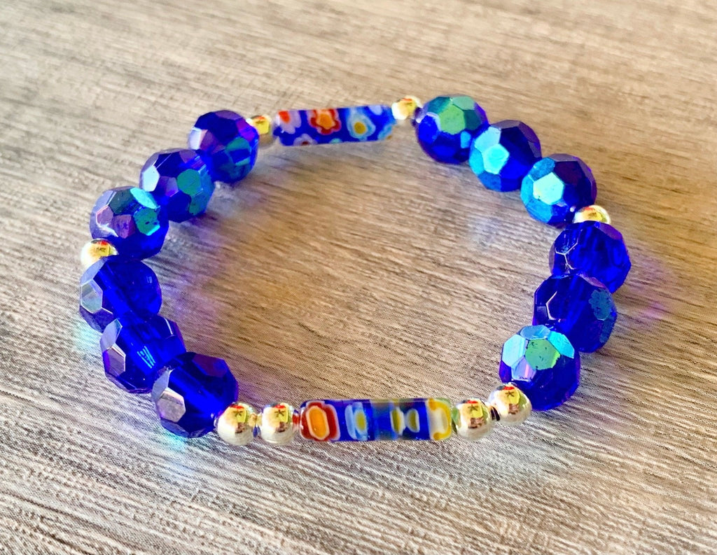 Nicole Handmade Acrylic and Millefiori Glass Beaded Expandable 6" Bracelet for Kids 4-8 Years Old