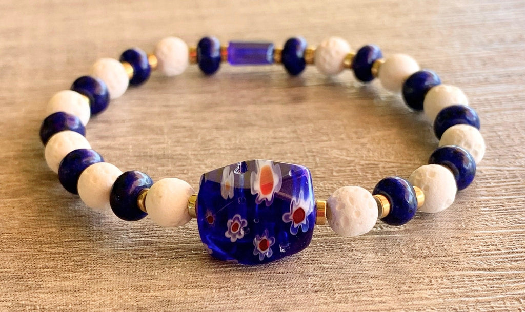 Nisha Handmade Lapis Lazuli, White Lava Stone, Gold Plated Hematite, Austrian Crystal, and Millefiori Expandable Bracelet