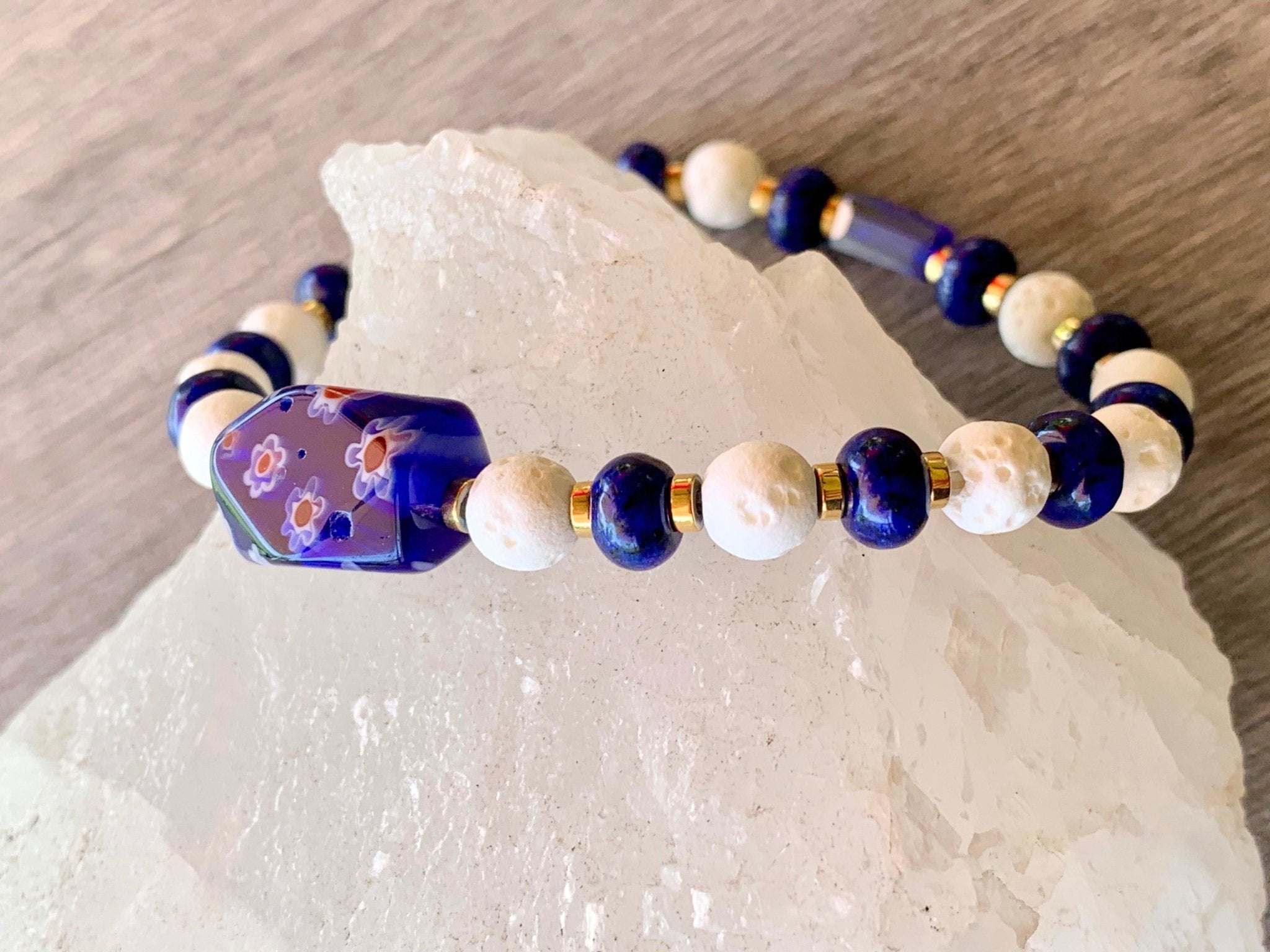Nisha Handmade Lapis Lazuli, White Lava Stone, Gold Plated Hematite, Austrian Crystal, and Millefiori Expandable Bracelet