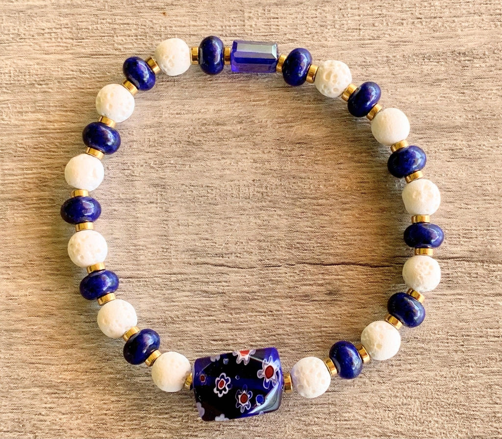 Nisha Handmade Lapis Lazuli, White Lava Stone, Gold Plated Hematite, Austrian Crystal, and Millefiori Expandable Bracelet