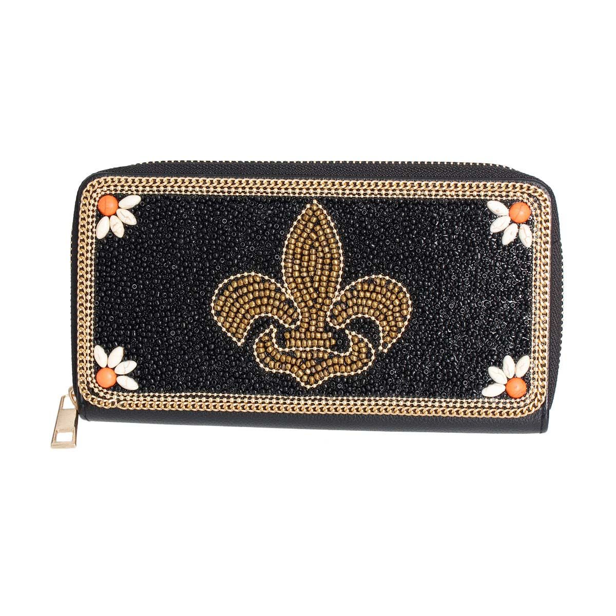 Beaded Wallet Black Fleur de Lis Stylish Fashion Accessory