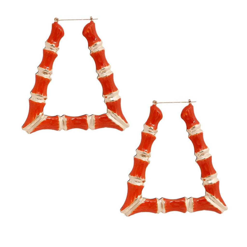 Statement Orange Trapezoid Bamboo Hoop Earrings Stylish Chic Accessory