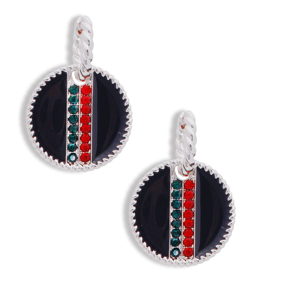 Twisted Silver Hoop Earrings with Black Stripe Charm – Stylish Statement Jewelry