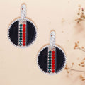 Twisted Silver Hoop Earrings with Black Stripe Charm – Stylish Statement Jewelry