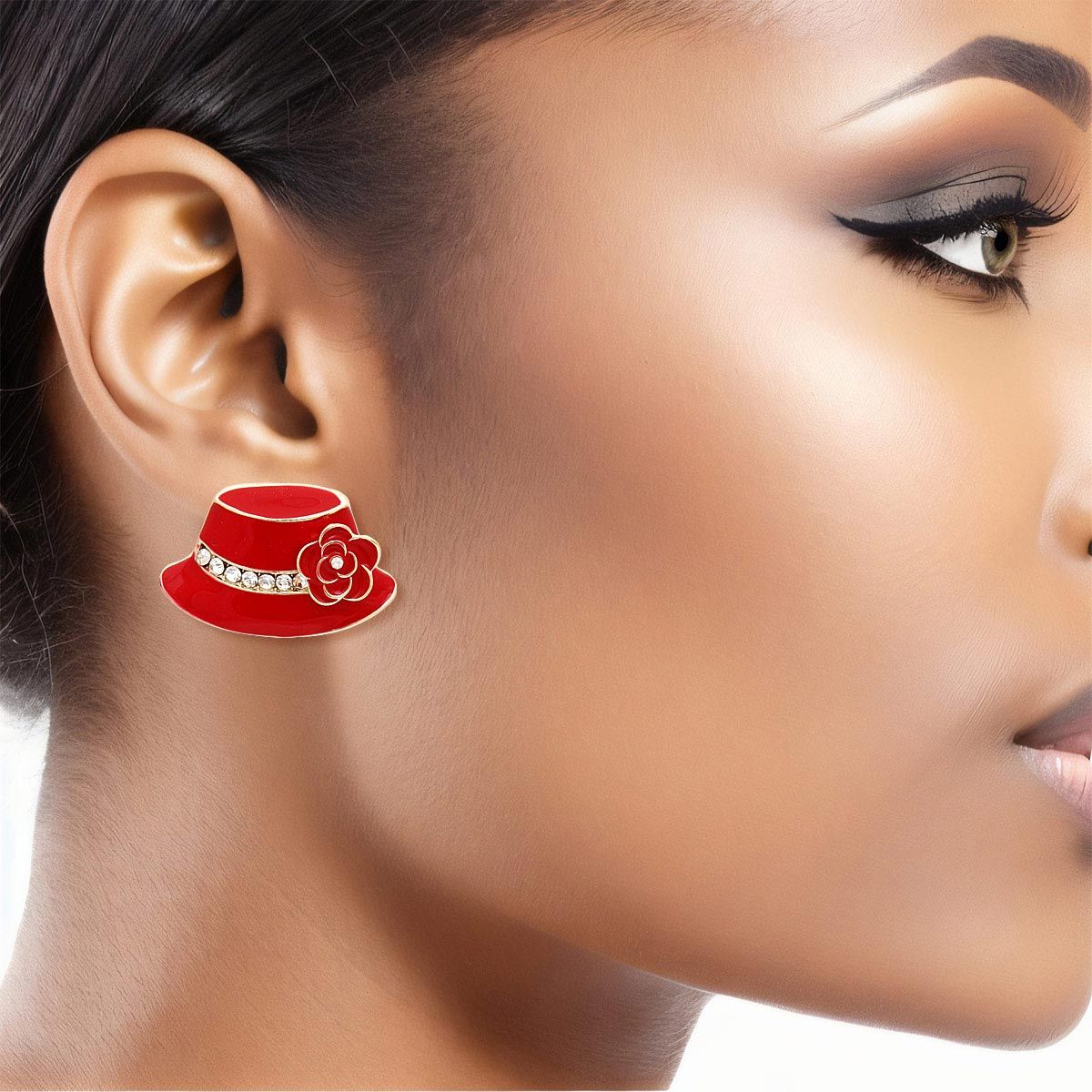 Ladies Red Gold Camellia Stud Earrings Stylish Fashion Jewelry