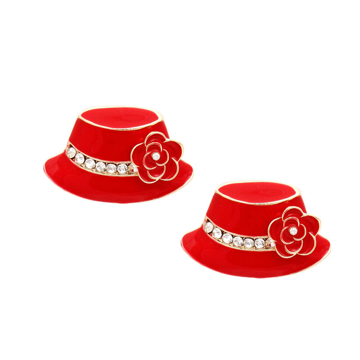 Ladies Red Gold Camellia Stud Earrings Stylish Fashion Jewelry