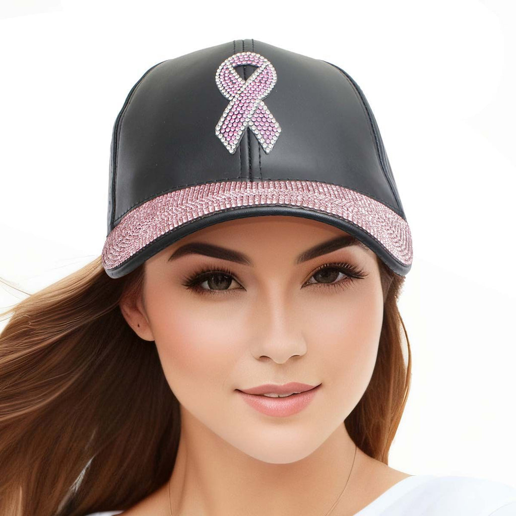 Fashion Hat Black Leather with Pink Ribbon Stylish Accessory