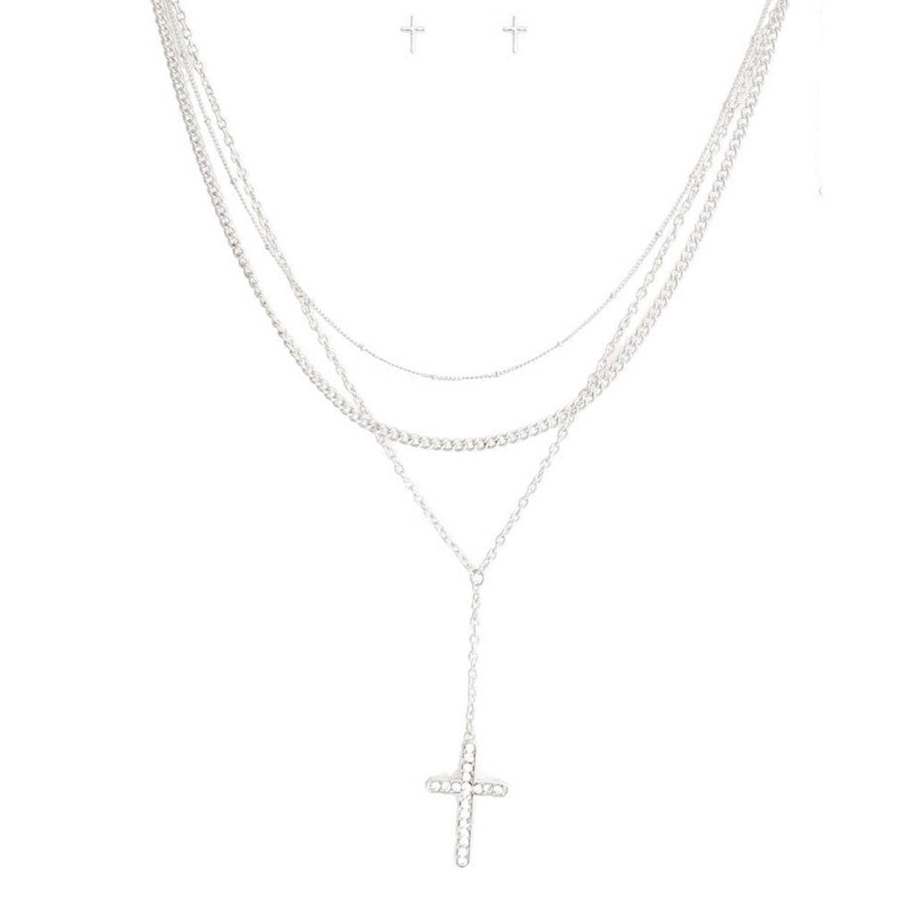Statement Silver Triple Chain Cross Necklace Set Stylish Layered Jewelry
