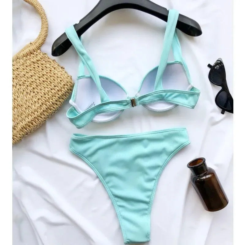Oceana Rib Underwire High Waisted Light Blue Bikini