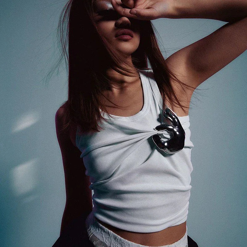 OK Emoji White Embellished Cotton Tank Top