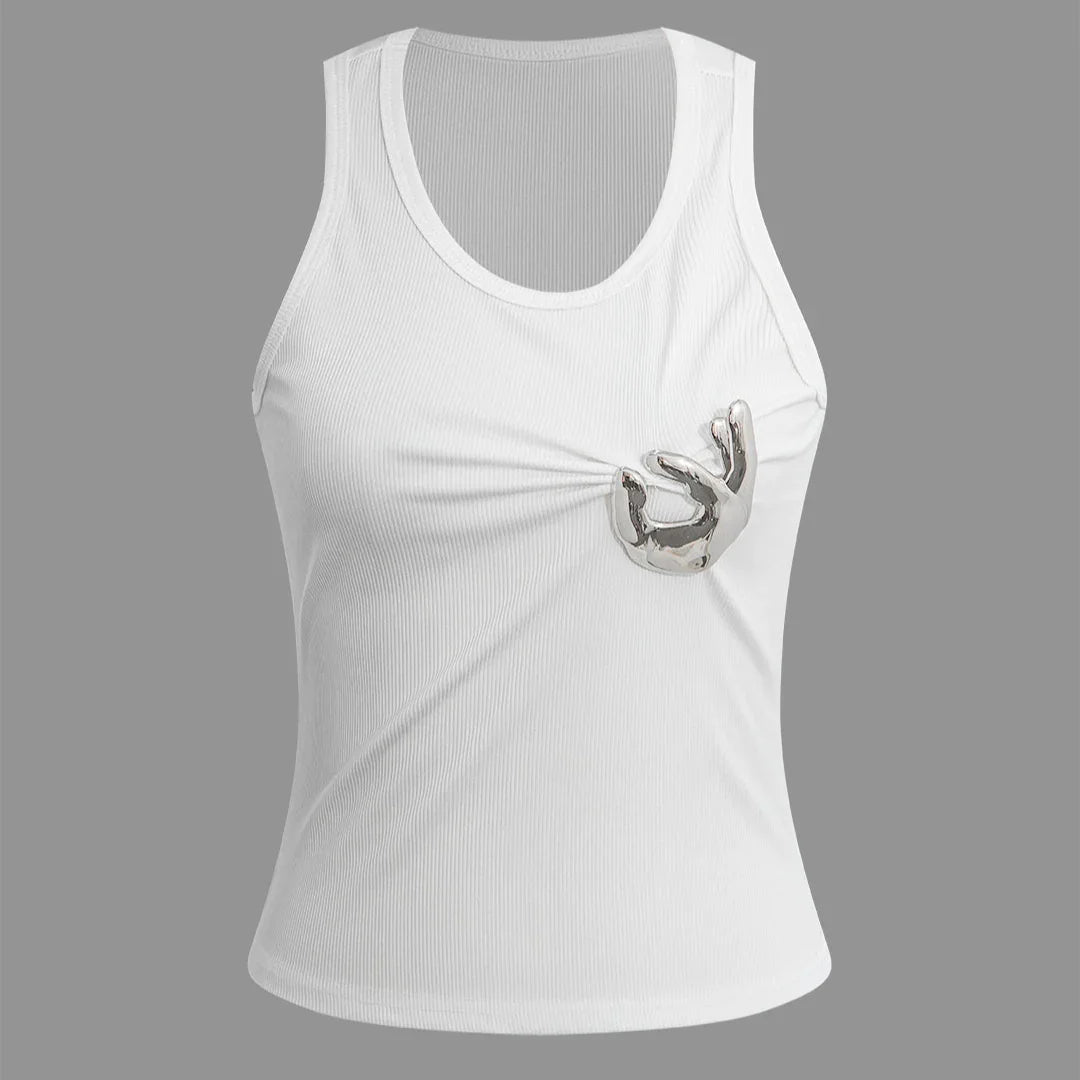 OK Emoji White Embellished Cotton Tank Top