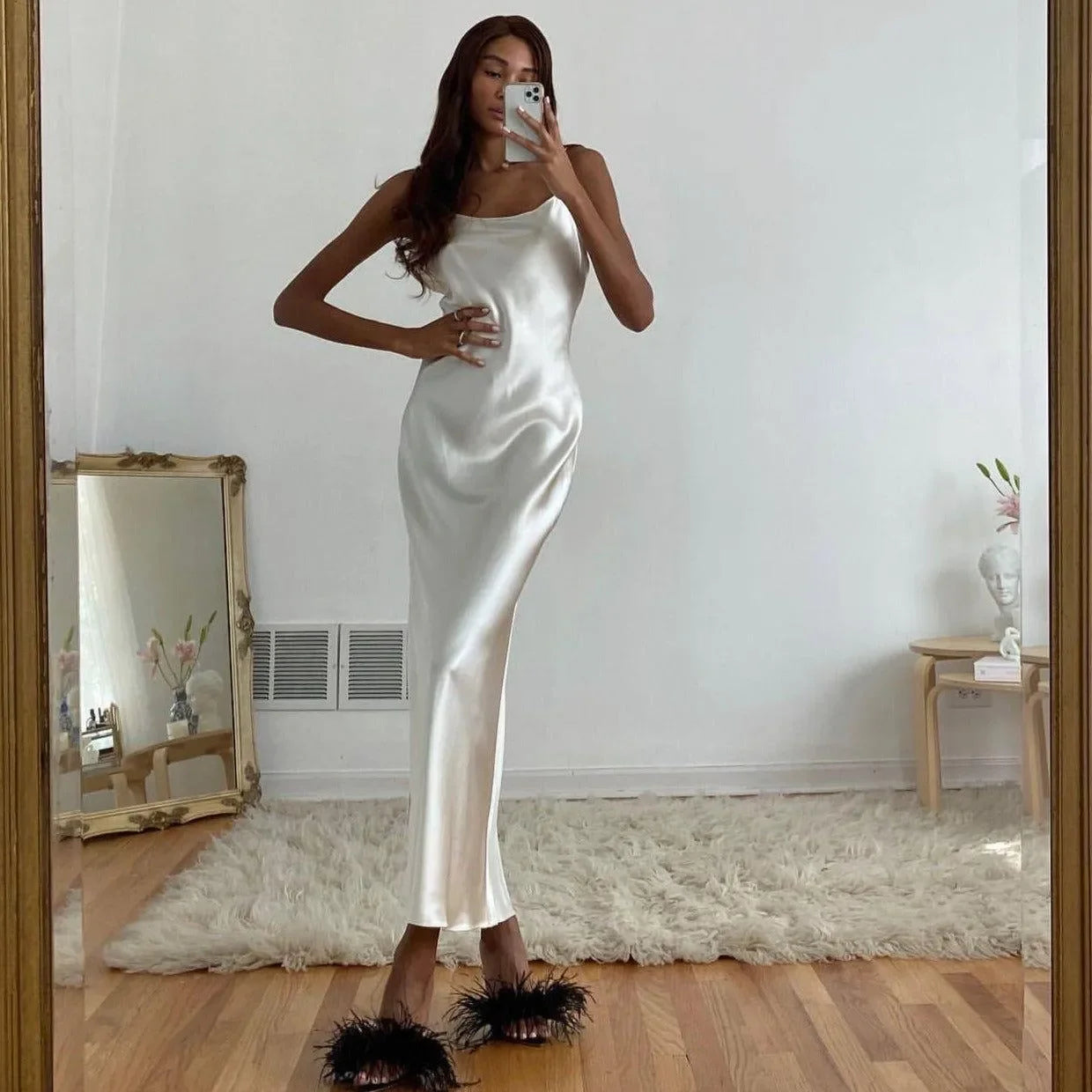 Olivia Metallic Satin Cowl Neck White Maxi Dress