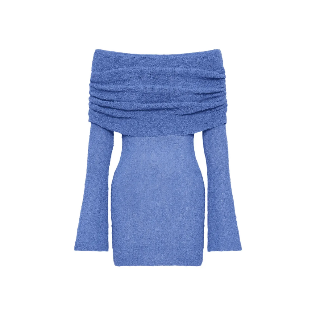 One Kiss Off-Shoulder Blue Boucle Mini Dress