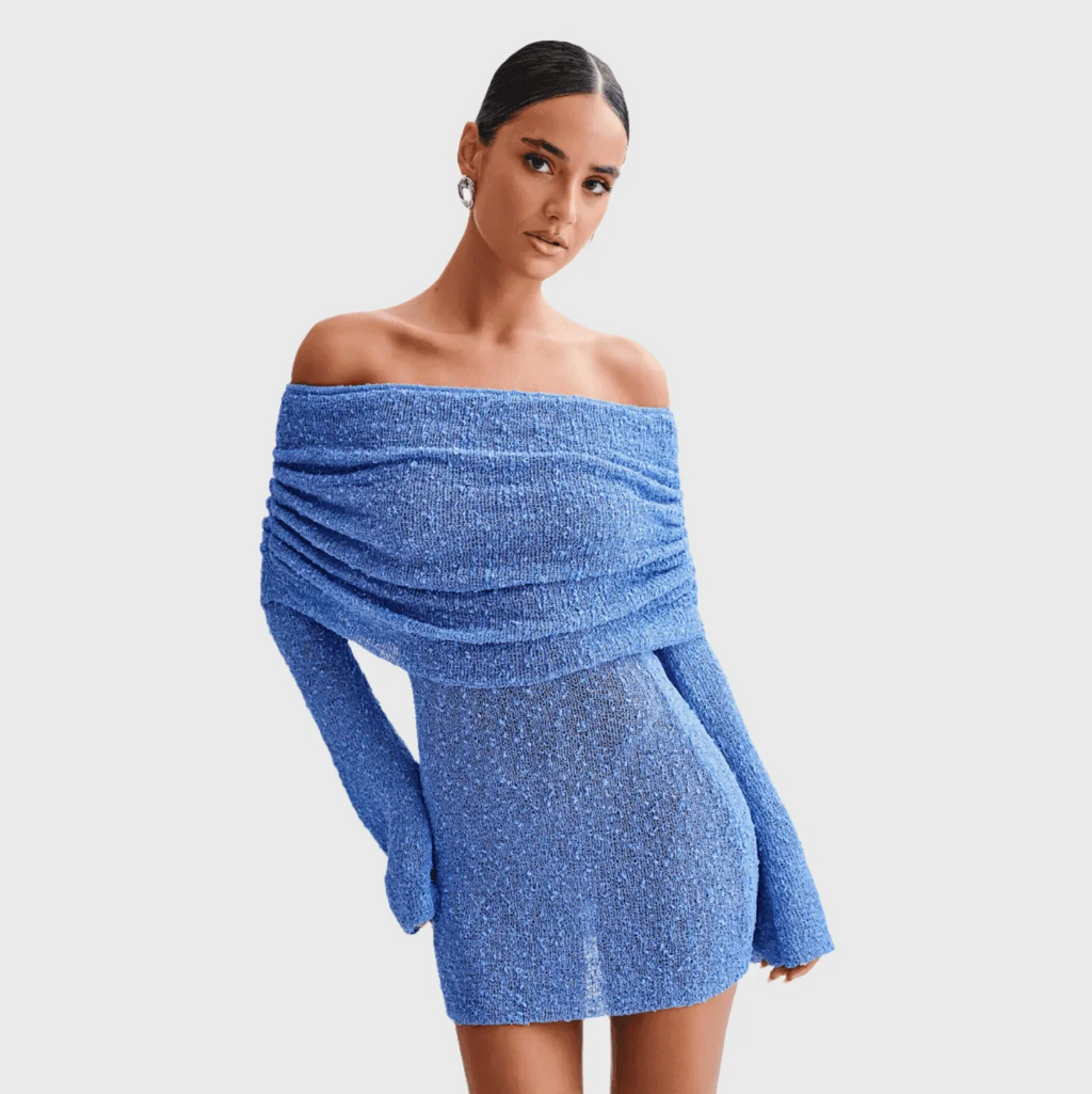 One Kiss Off-Shoulder Blue Boucle Mini Dress