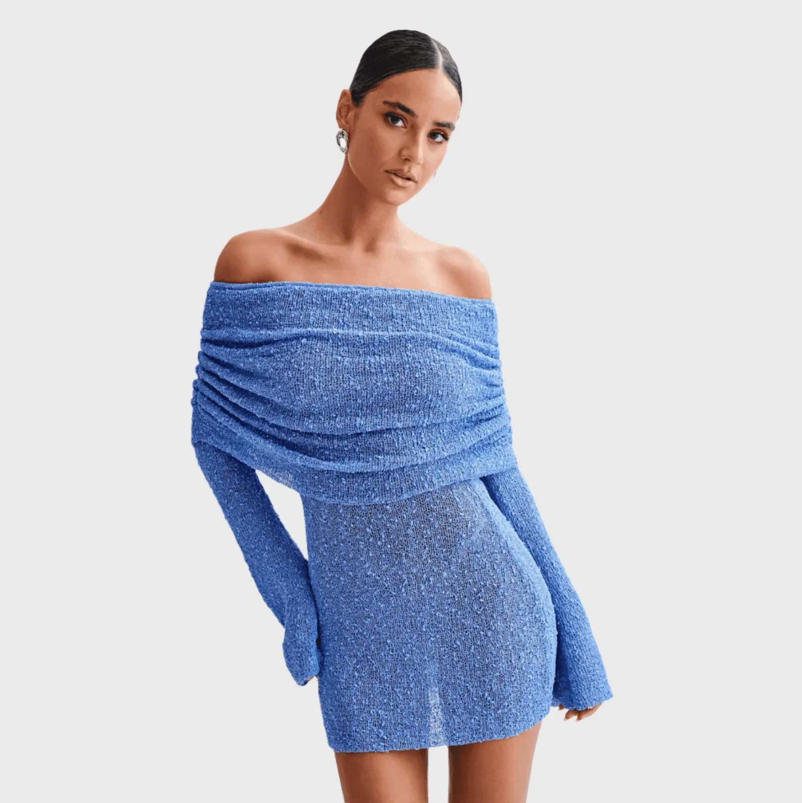 One Kiss Off-Shoulder Blue Boucle Mini Dress