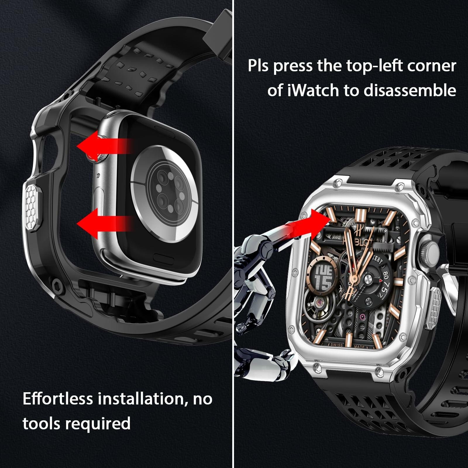 V-MORO Stainless Steel Band Case for Apple Watch Series 9 8 7 45mm Black Silver