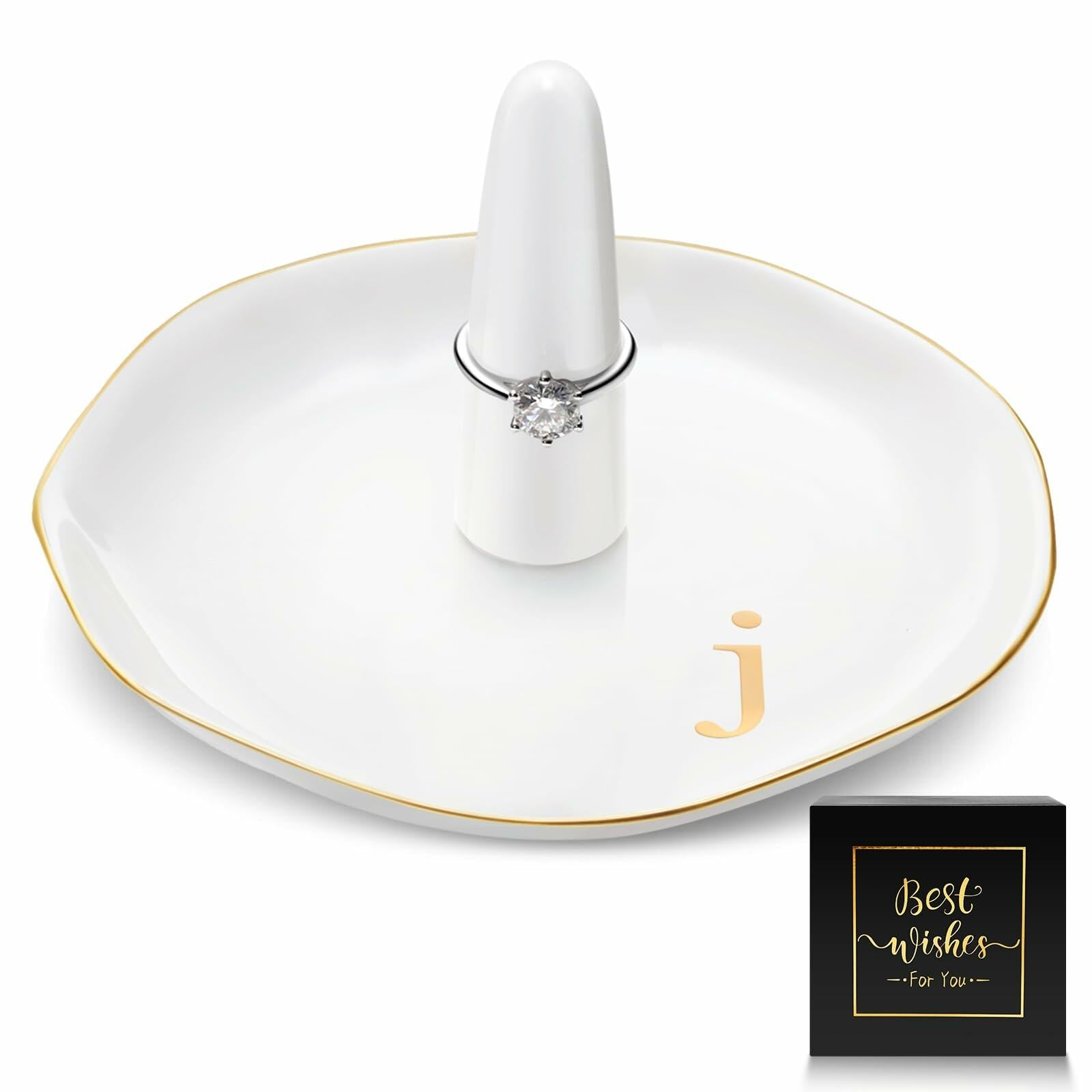 Beeveer Ceramic A-Z Ring Holder Jewelry Tray 4.5x2.4in White Trinket Dish