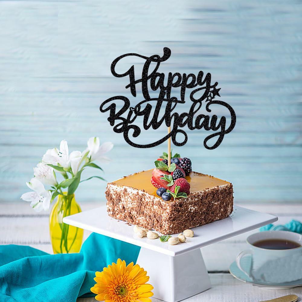 [Like_new] Crseniny Happy Birthday Cake Topper Black Glitter Party Decoration Black