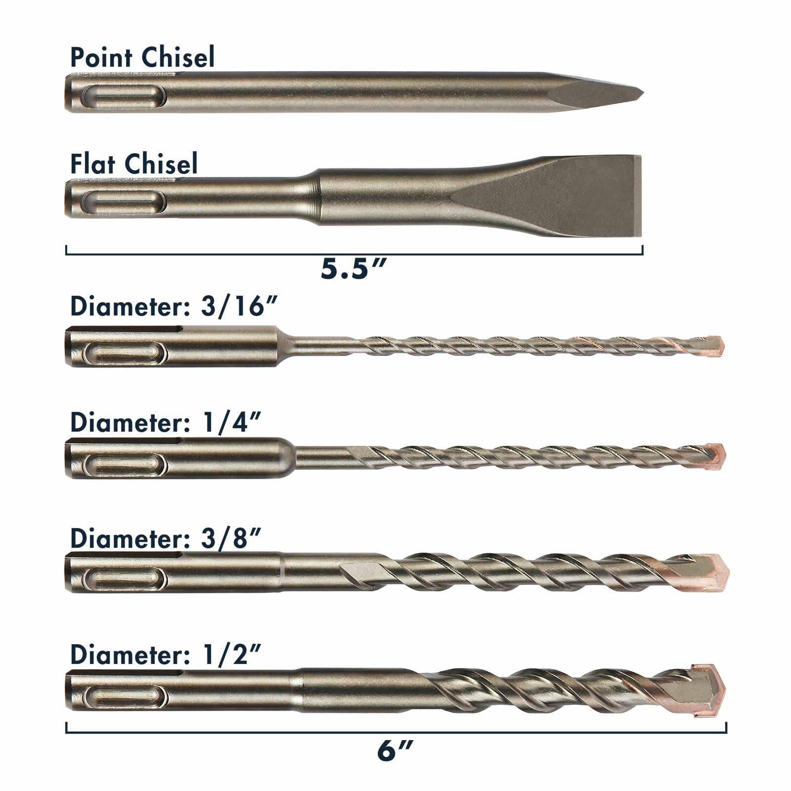 MACP 6-Piece SDS-Plus Masonry Drill Bit & Carbide Chisel Set 3/16"-1/2" 6"