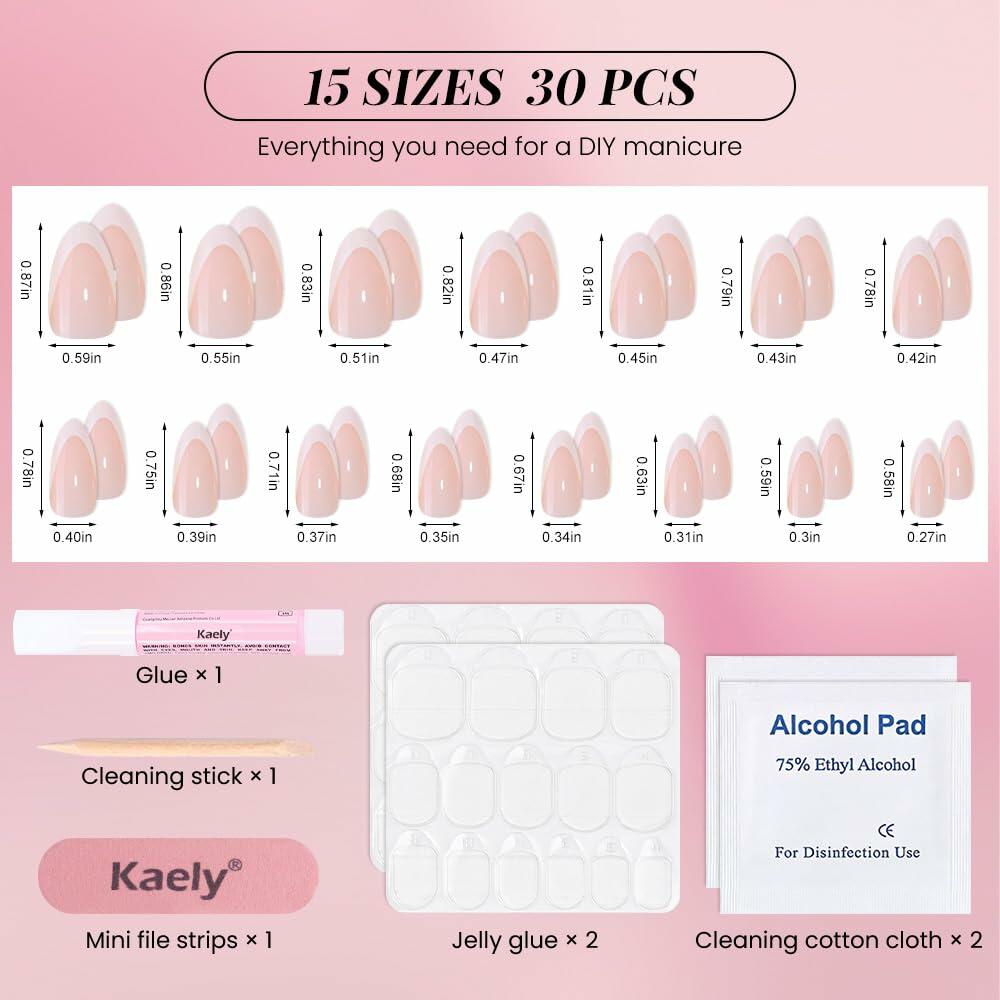 Stbisen Pink French Tip Press On Nails Almond Short Glossy Gel 30Pcs