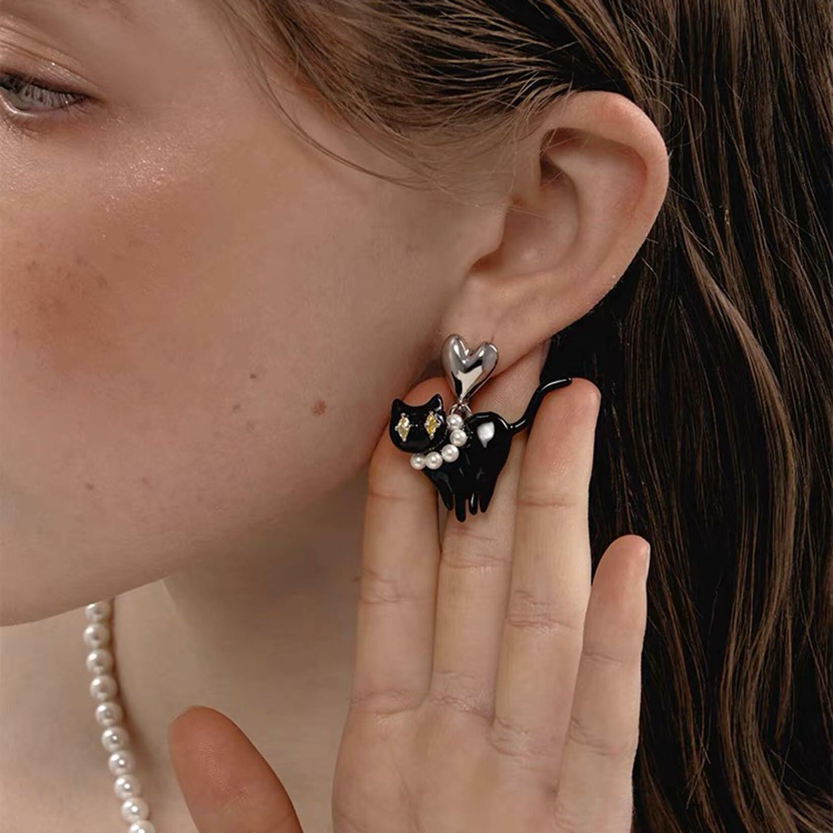 OFGOT7 Black Cat Halloween Pearl Dangle Earrings Metal Jewelry for Women