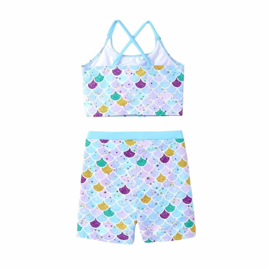 PATPAT Girls 2-Piece Tankini Swimsuit Set Sky Blue Fish Mermaid Size 10-11