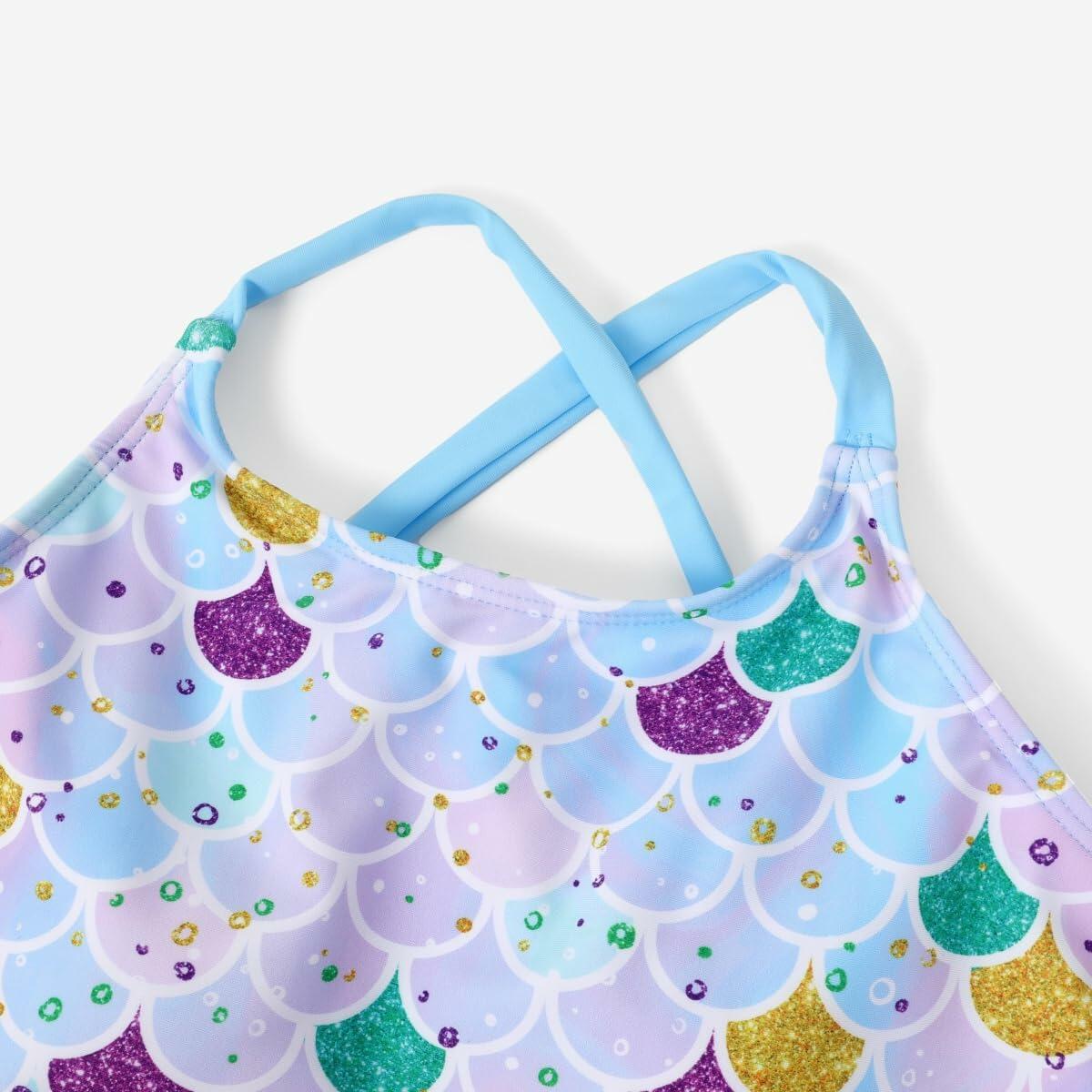 PATPAT Girls 2-Piece Tankini Swimsuit Set Sky Blue Fish Mermaid Size 10-11