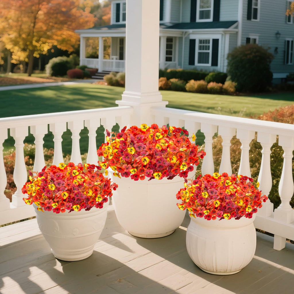 INQCMY Artificial Fall Flowers Faux Pansies Mums 12 Bundle 14" Red Orange Yellow