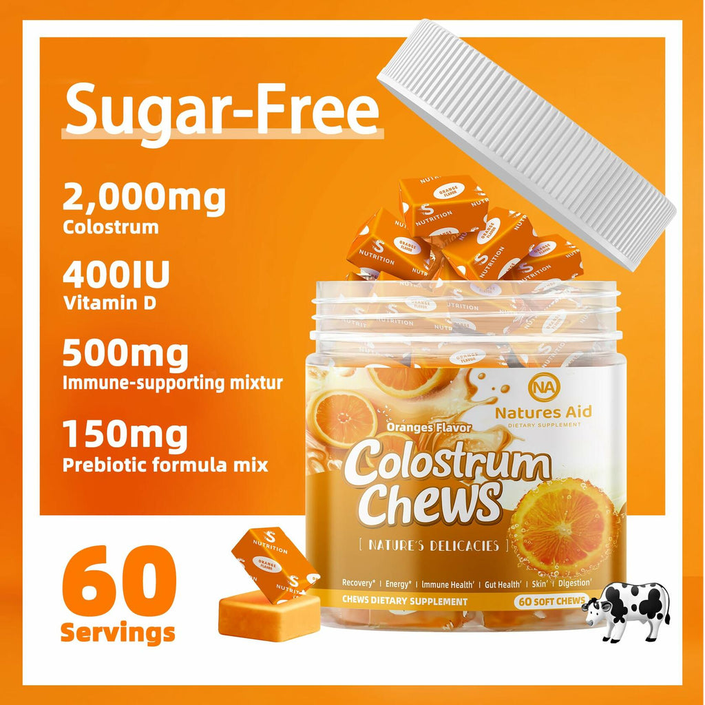 BestBy12/26 Natures Aid Colostrum Chews Probiotics Gut Health Orange 60 Sv
