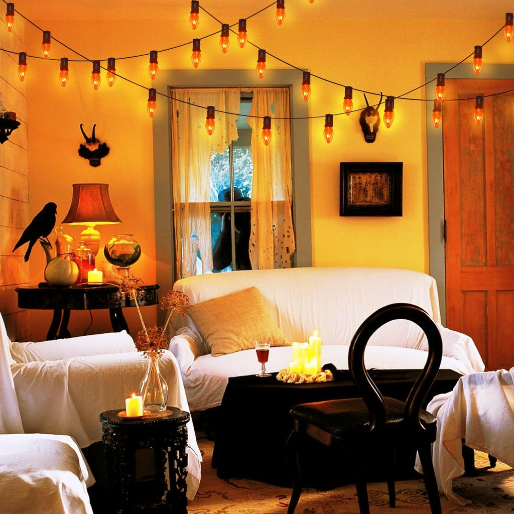 Abeja 25Ft C7 Orange String Lights 27 Bulbs Black Wire Vintage Halloween
