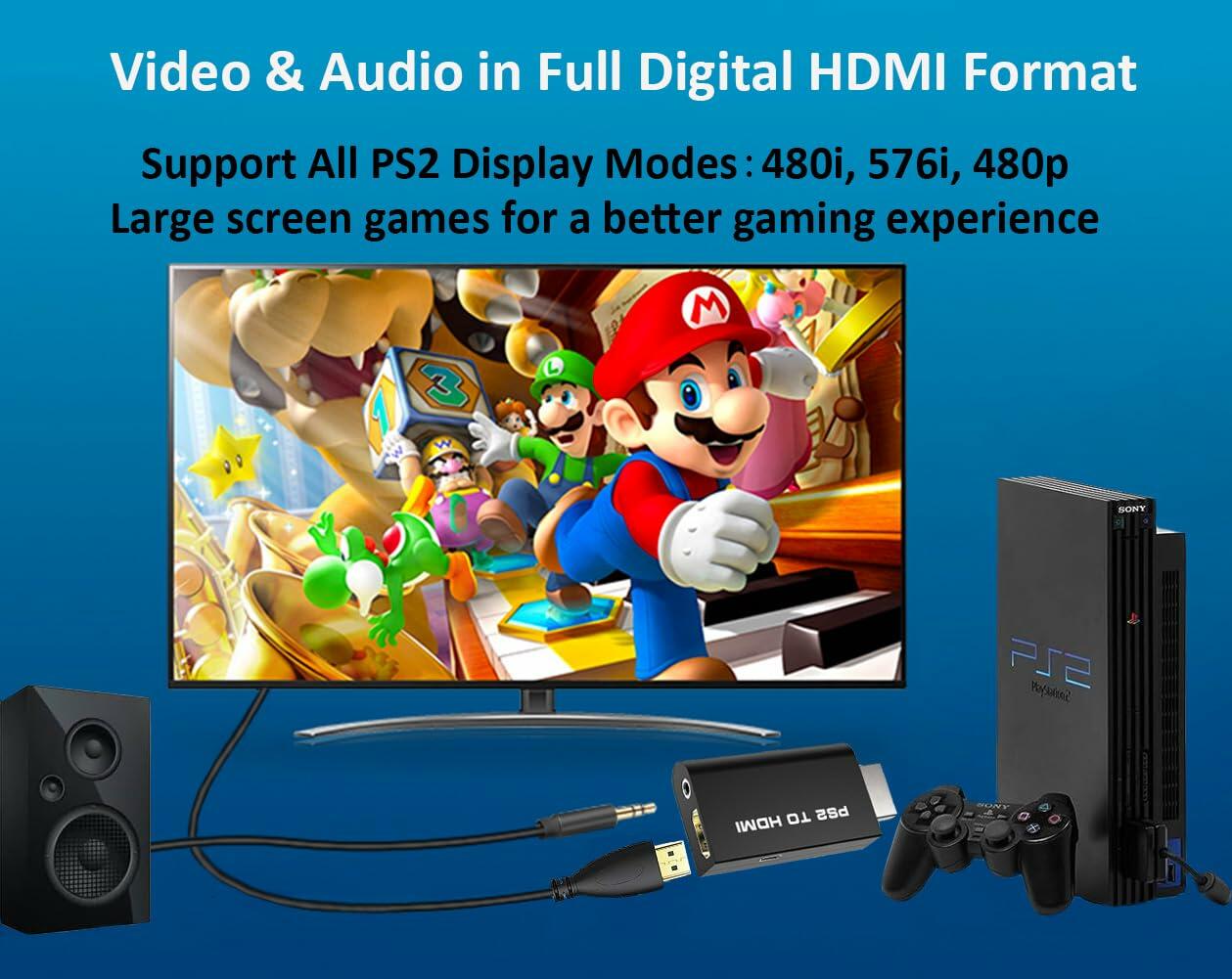 sartyee PS2 to HDMI Adapter Converter with 3.5mm Audio Cable Black