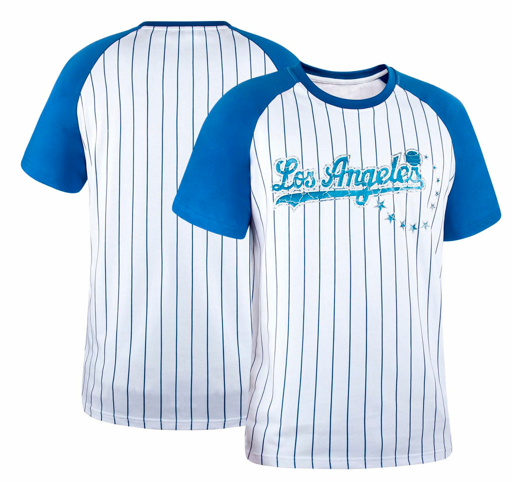 Fansamer Mens City Vintage Pinstripe Crew Neck Tee Shirt Blue White Size XL
