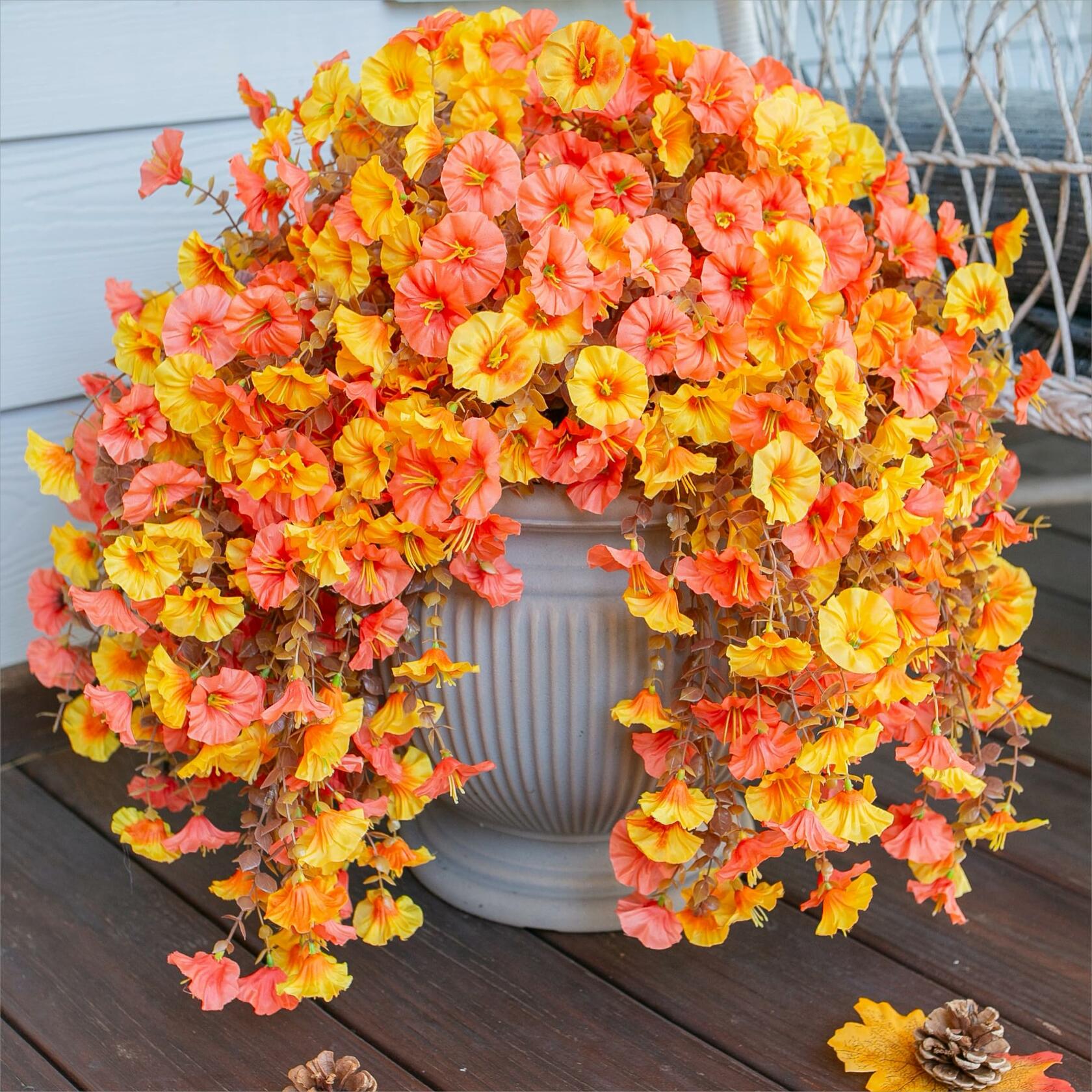 HyeFlora 2 PCS Faux Fall Hanging Flowers Plants UV Resistant Orange+Yellow