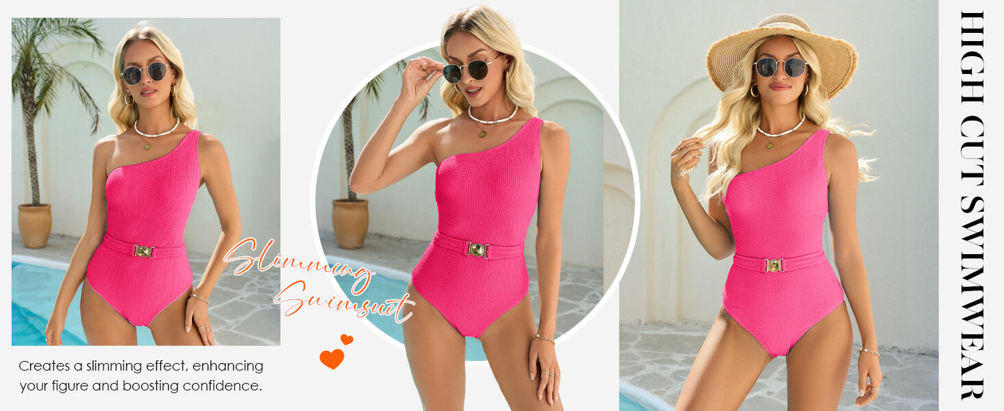 Fisoew Womens One Shoulder One Piece Swimsuit Tummy Control Bright Pink Size XS