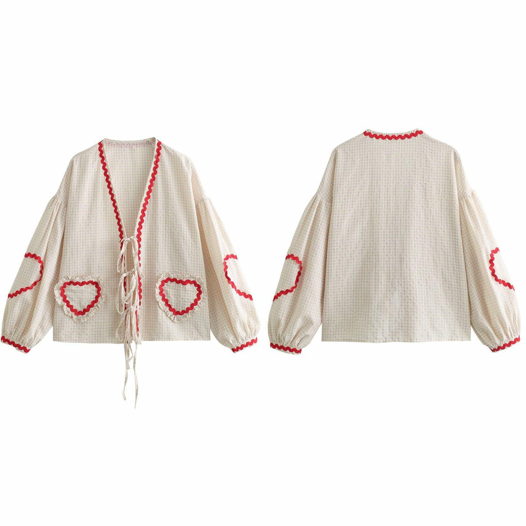 MANGMAO Coquette Tie Front Valentine Shirt Khaki Gingham Long Sleeve Size L