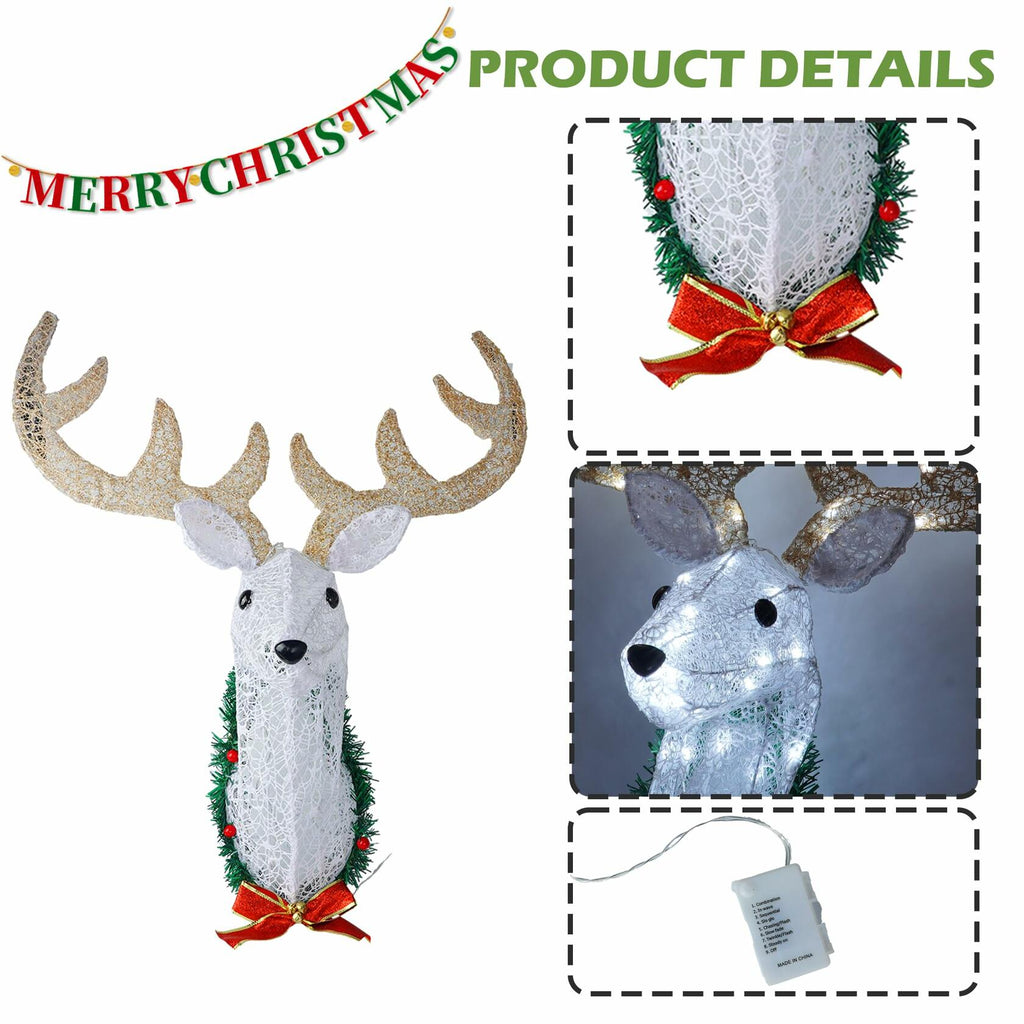Hourleey 32" Lighted Christmas Reindeer Head Wall Decor Battery Operated White