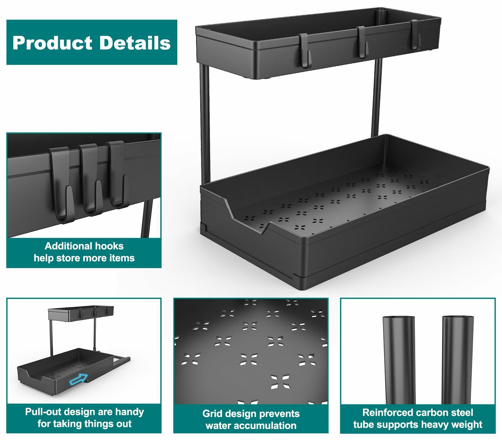 NATURE'S SOURCE 2 Pack 2 Tier Under Sink Organizer with 4 Hooks Black LIKE NEW