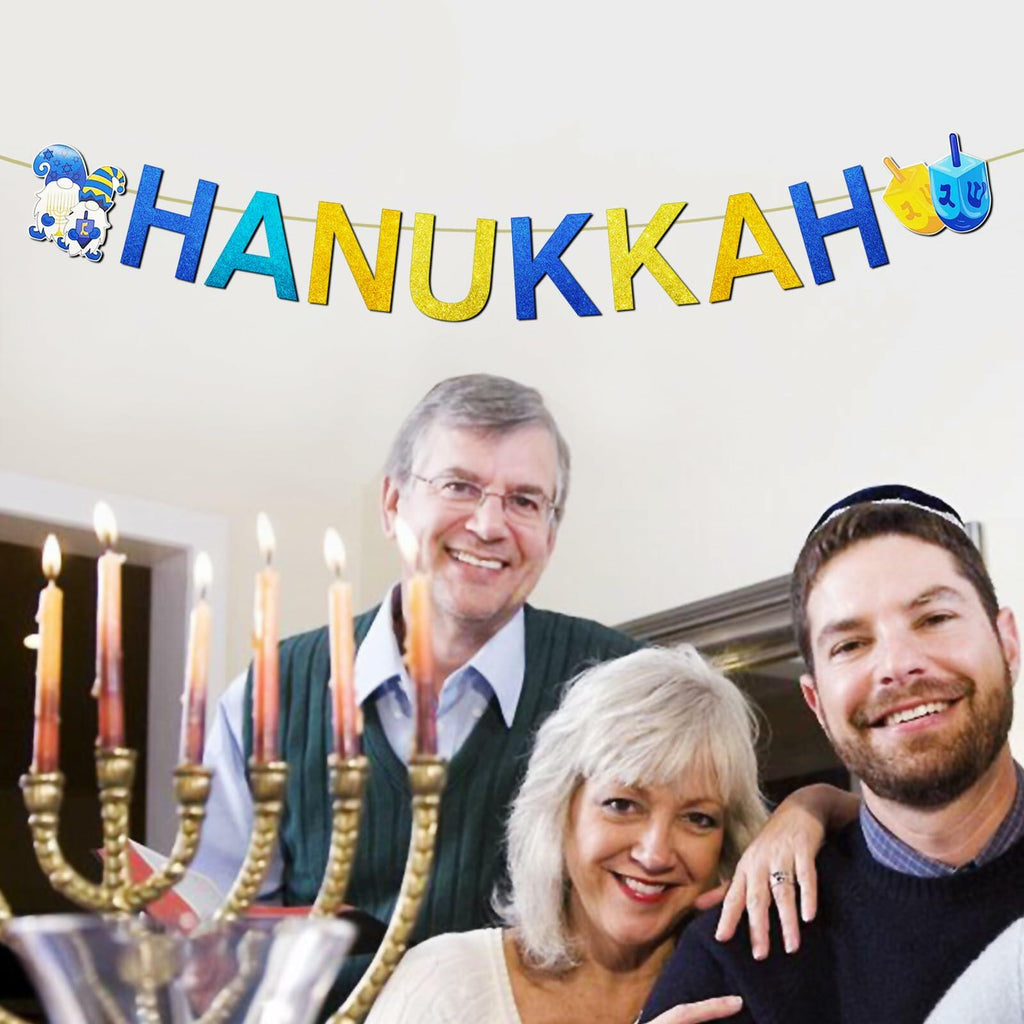 DONCIDAY Happy Hanukkah Glitter Banner Blue Paper Garland Party Decor