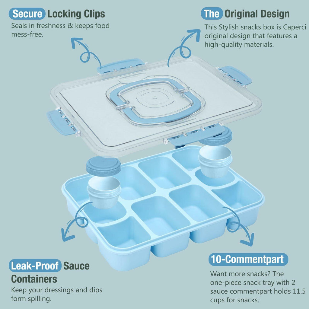 Caperci Snackle Box 10-Compartment Tray with Lid Handle Sky Blue BPA-Free