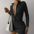 Palm Ribbed Deep-V Black Mini Dress with Twist
