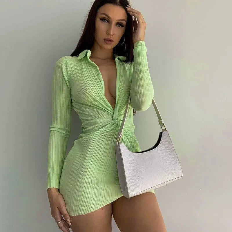 Palm Ribbed Deep-V Light Green Mini Dress with Twist
