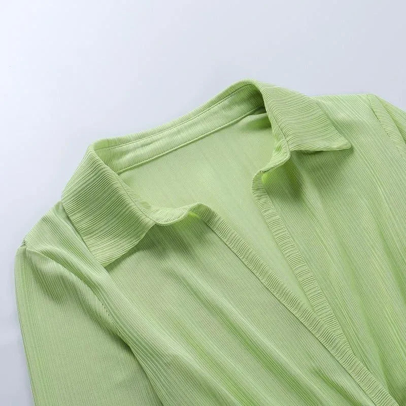 Palm Ribbed Deep-V Light Green Mini Dress with Twist