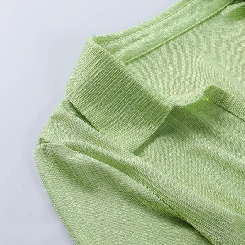 Palm Ribbed Deep-V Light Green Mini Dress with Twist