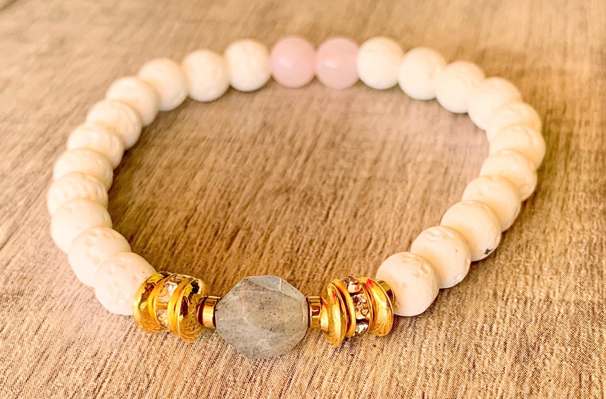 Paula Handmade Labradorite, Rose Quartz, Gold Plated Hematite, and White Lava Stone Expandable Bracelet